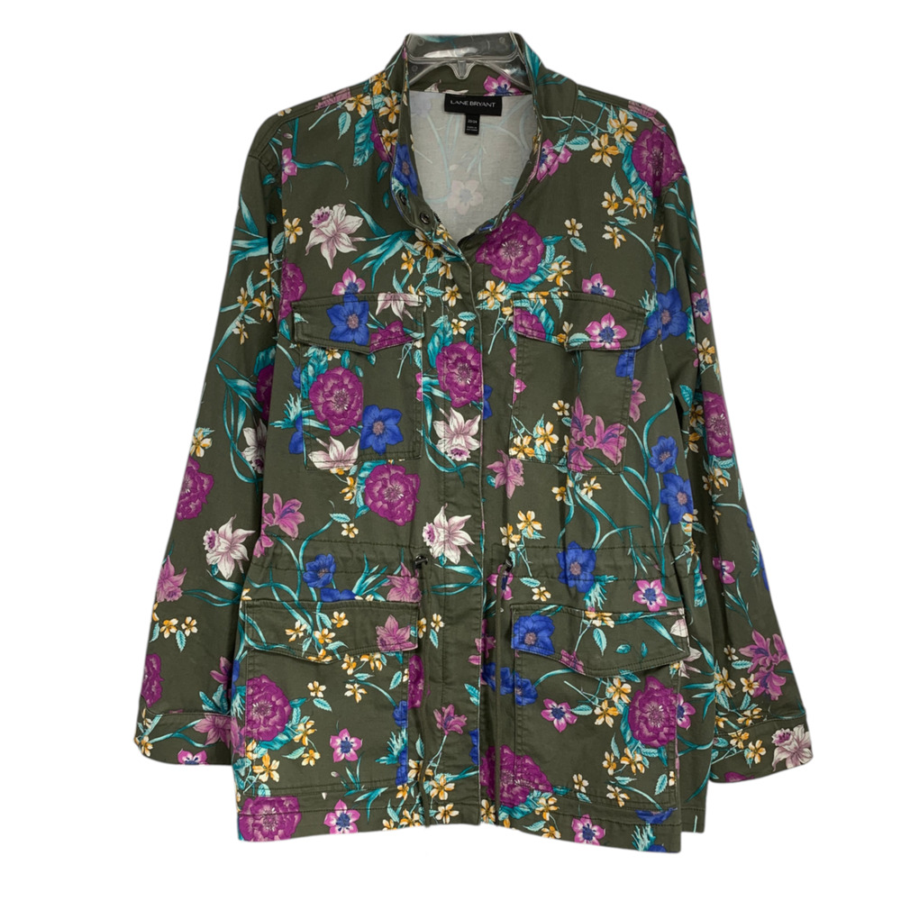 Lane Bryant Plus 22/24 Floral Utility Jacket Olive Green Anorak Field Coat - Picture 2 of 9